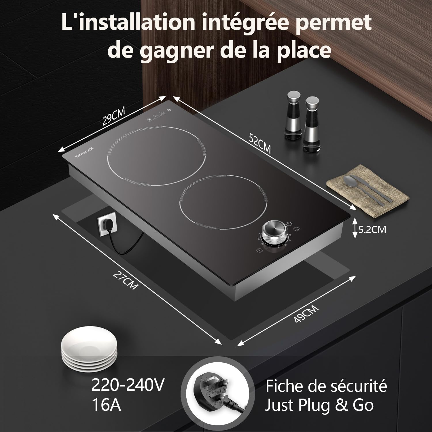 Plaque Vitrocéramique 2 Feux avec Boutons, Table de Cuisson Deux Foyers avec Prise, Zone d'expansion, 9 Niveaux de Puissance, 2800W, 30cm