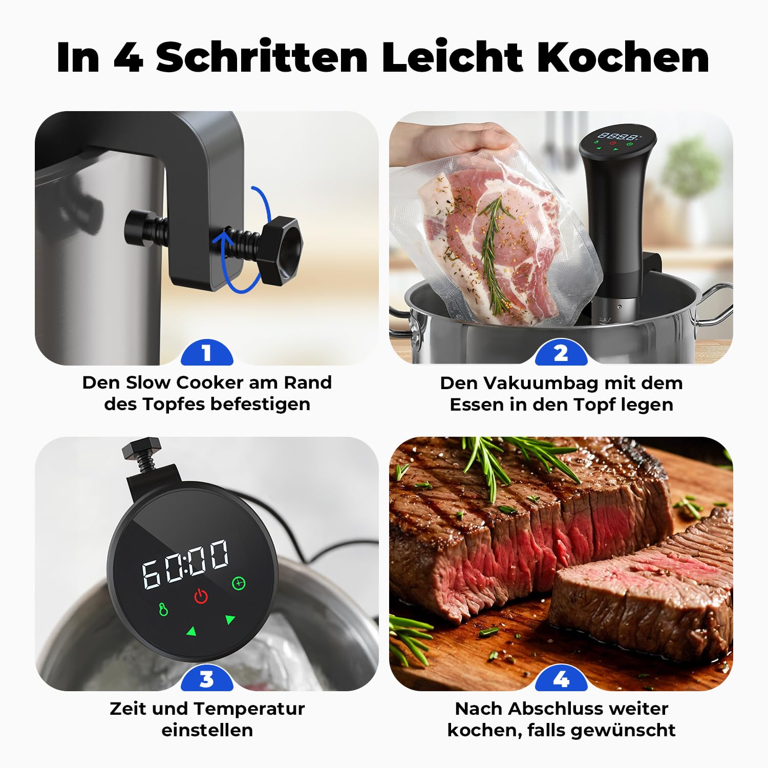 OUSFOT Sous Vide Garer, 0,1°C Präzise Temperaturregelung Sous Vide 3D-Wasserzirkulation,Geeignet für Steak, Lachs, Gemüse und Andere Lebensmittel Gesund und Fettarm,Schwarz