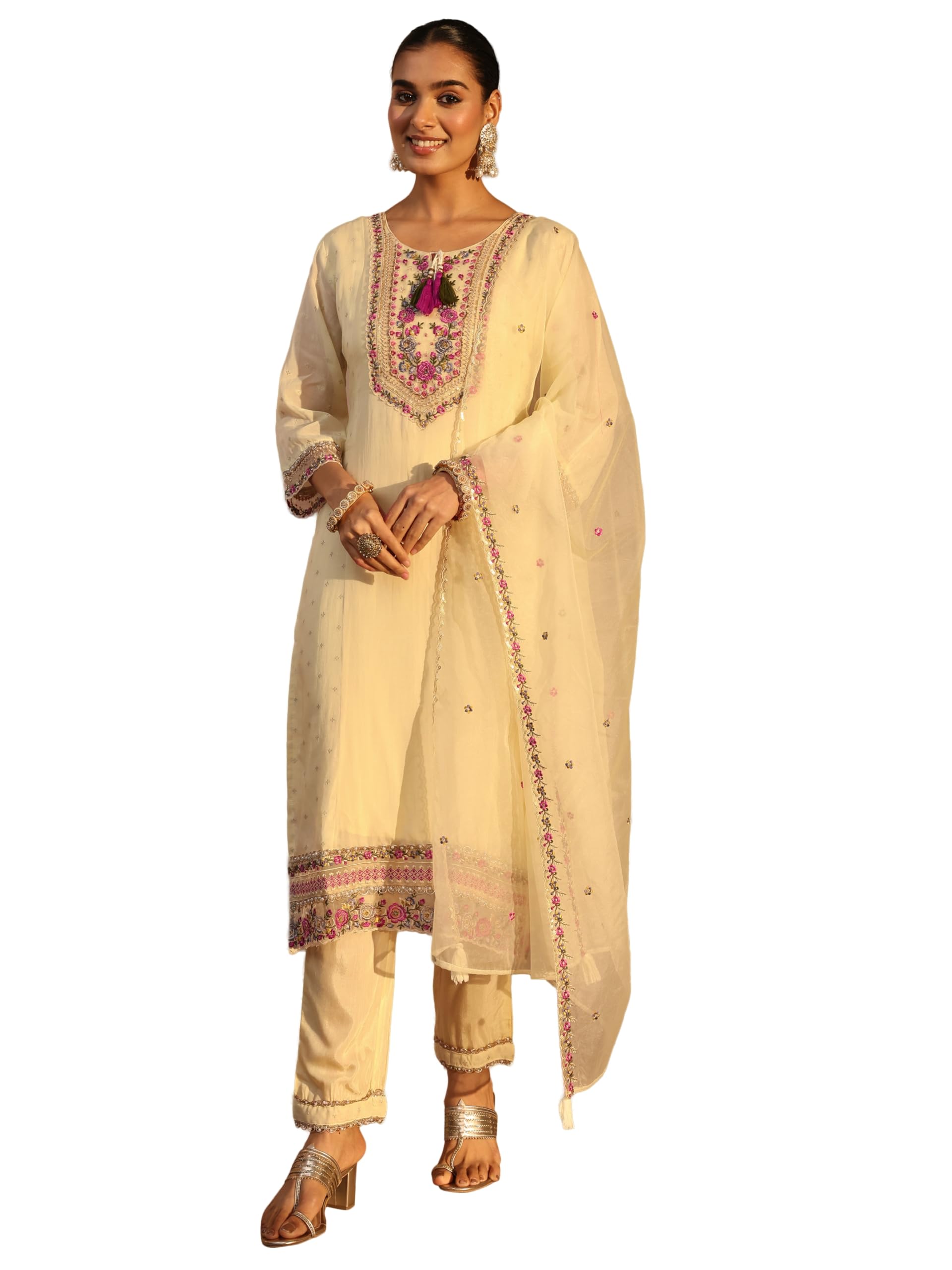 Embroidered Chanderi Cotton Straight Kurta With Trousers and Dupatta | ethnic wear | bridal suit | wedding dress | occasion wear-image-25