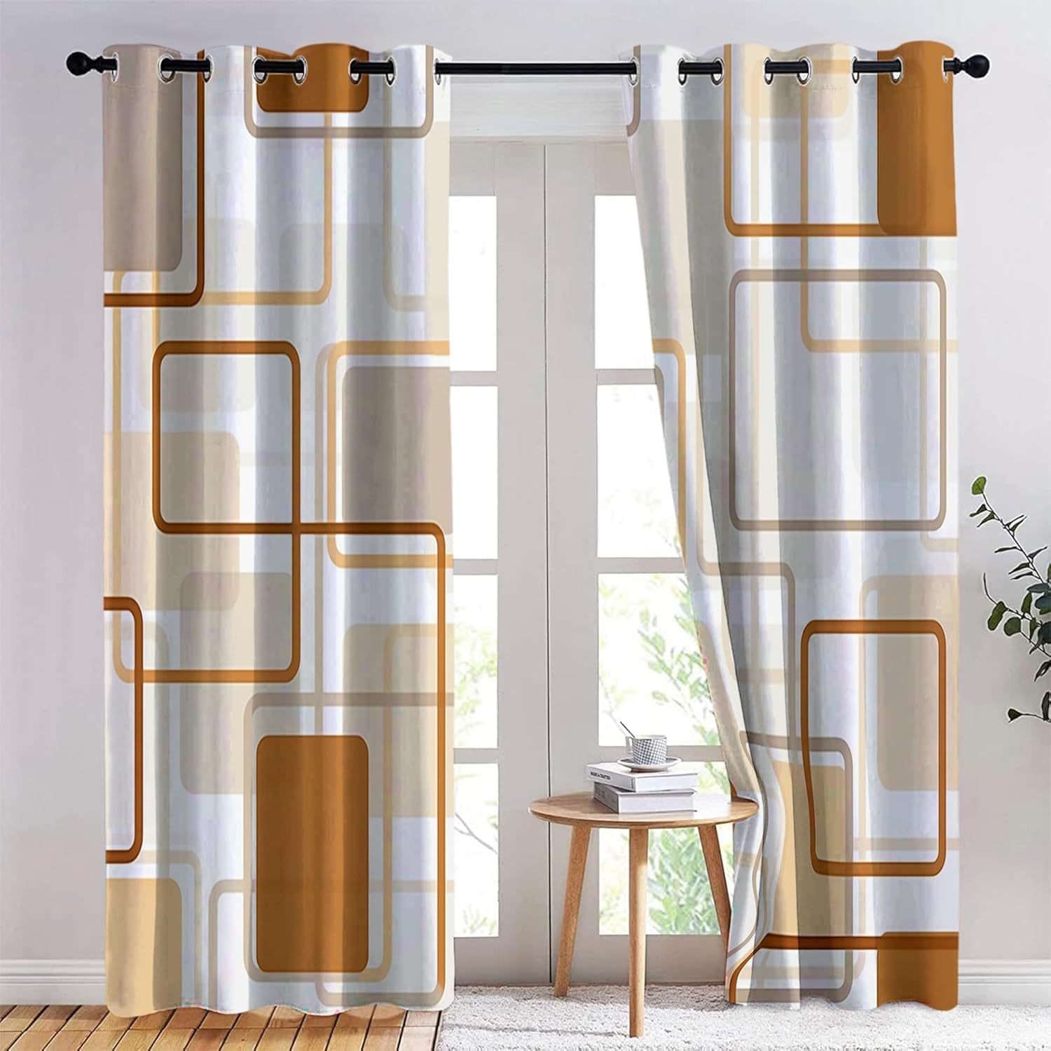 Rideaux Occultants Beige Marron Géométrique Rideau Occultant Thermique Isolant, Rideau Imprimé Résumé Moderne avec Oeillets pour Chambre, Salon, Lot de 2 Rideaux 140x220 cm A-3119