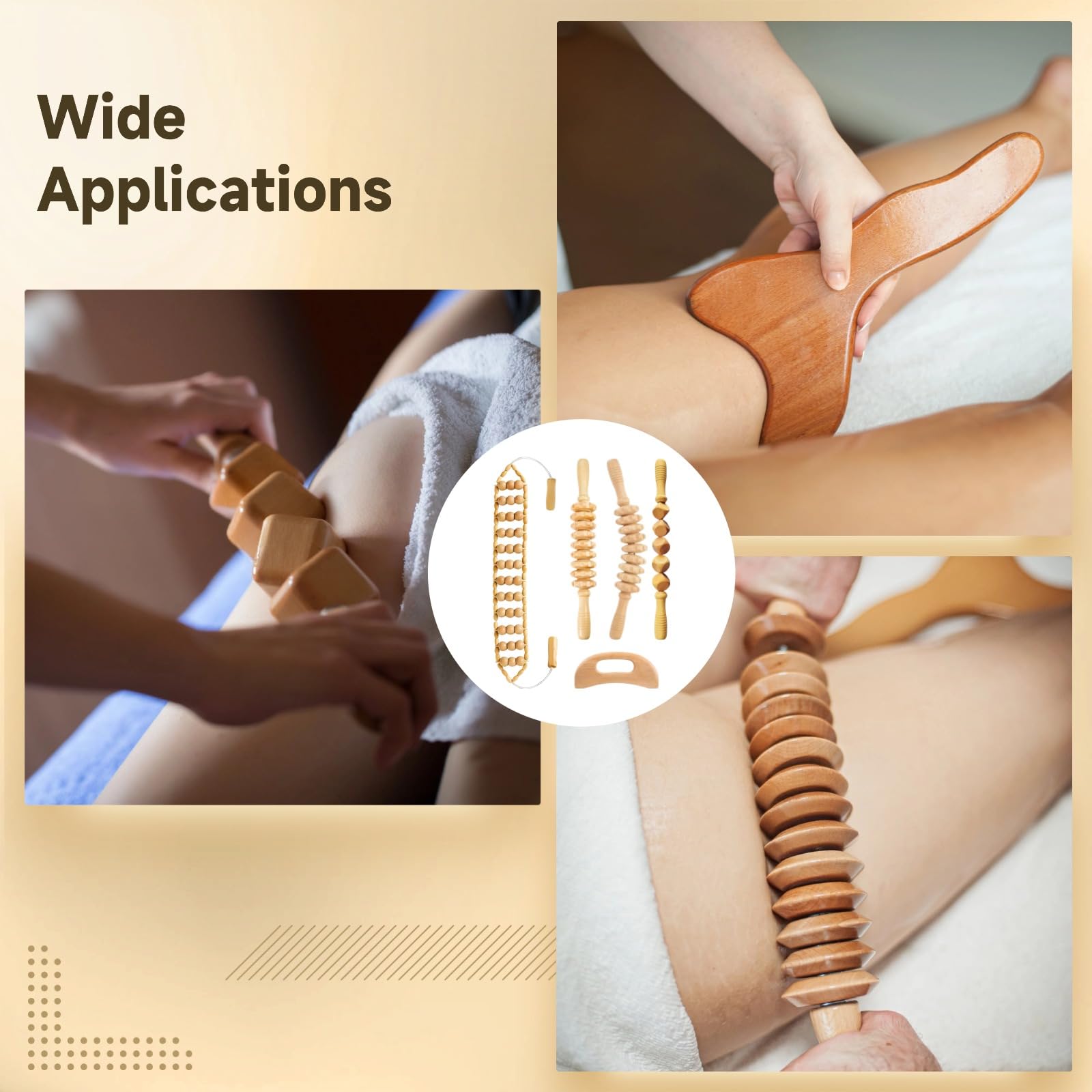 Kit de 5 piezas de maderoterapia, herramientas de masaje de terapia de madera con rodillo trasero y tabla de raspar, juego de masajeador de madera para esculpir el cuerpo y relajar los músculos