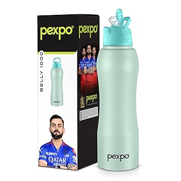 Pexpo Belly Pro ISI Certified Stainless Steel Water Bottle with Straw Lid Sipper Cap, 1000 ML | Sea Green | Single Wall Fridge Bottle | Bottles for Home, Office, Gym, School, Yoga & Trek | RCB Edition - image, photos