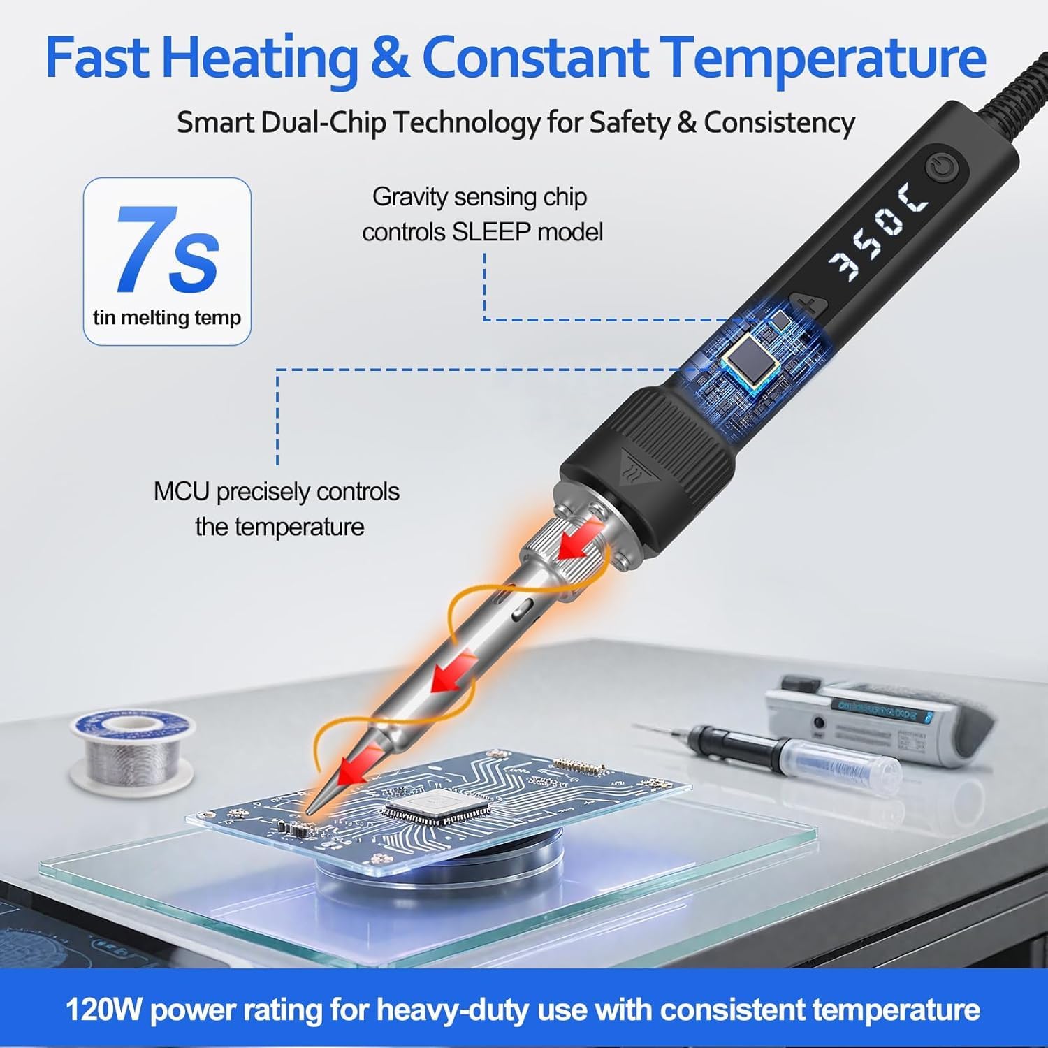 120W LED Soldering Iron Kit, 7s Fast Heating Adjustable Temp 356-968 Auto Sleep Precision Welding Gun Tools Electronics Repair with Solder Wire, 5 Soldering Tips, Desoldering Pump, Stand, Tweezers