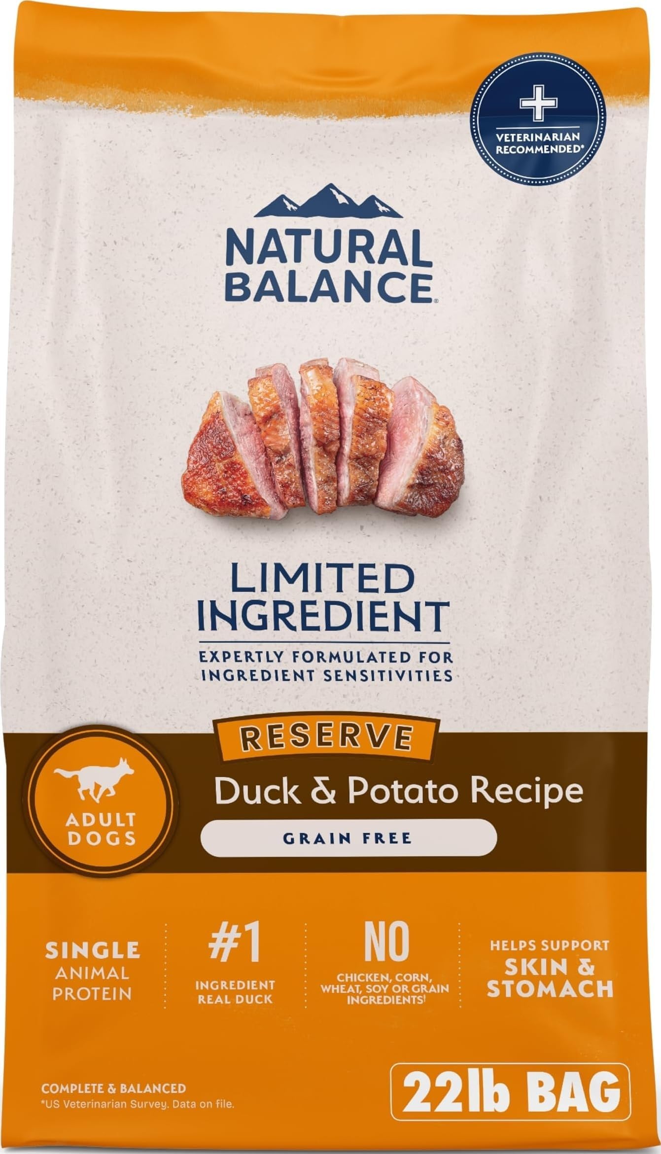 Limited Ingredient Adult Grain-Free Dry Dog Food, Reserve Duck & Potato Recipe, 22 Pound (Pack of 1) | Grain-Free Dry Dog Food, Balanced Nutrition for Adult Dogs with Sensitivities, Skin and Stomach Support