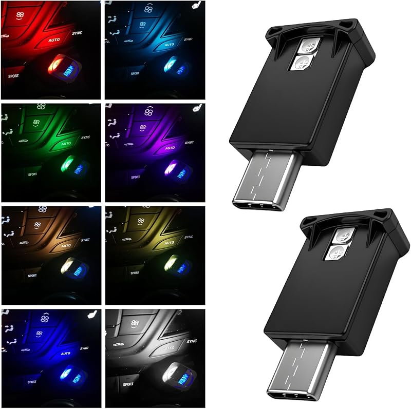 2 PCS USB Type C LED Ambient Light, 8 Colors RGB Car Atmosphere Lamp Adjustable Brightness LED Light, Mini 5V Plug-in Night Lamp Interior Decoration for Vehicle Home Office