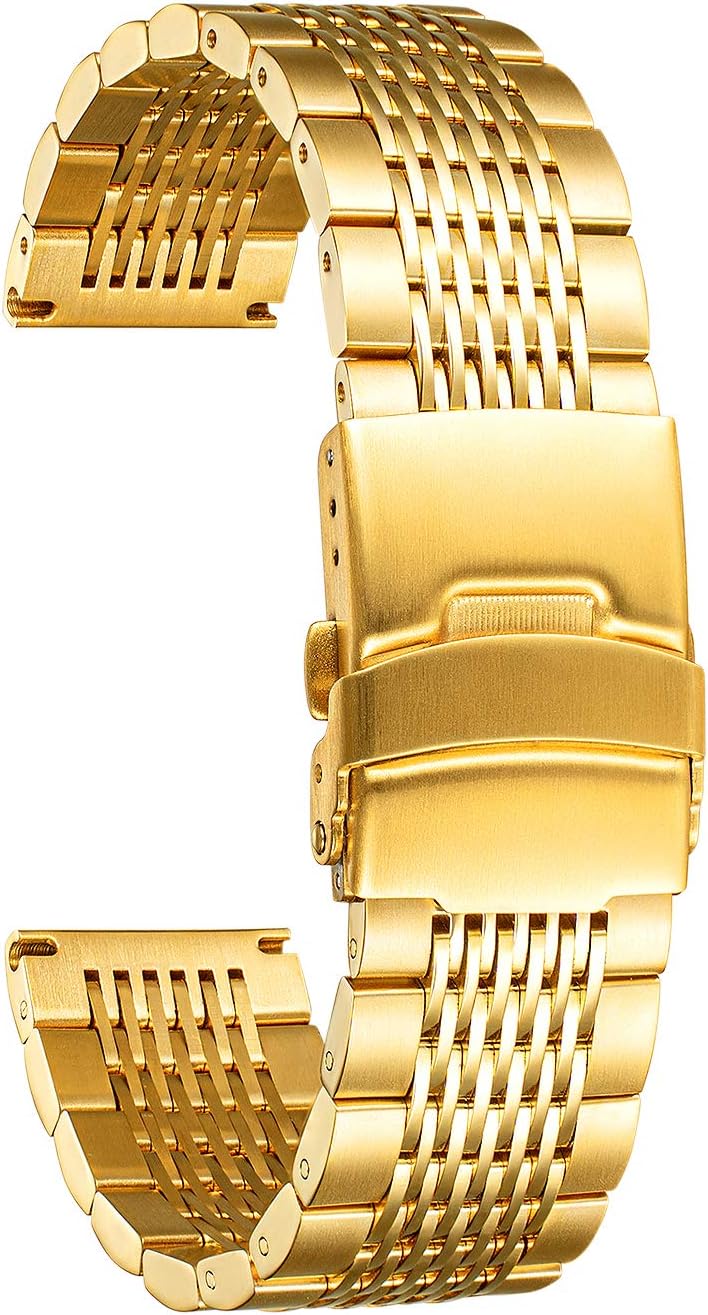 BINLUN Stainless Steel Watch Band, Metal Watch Strap for Men Women Replacement with Double-Lock Deployment Clasp Polished Watch Bracelet Silver Black Gold Rose-gold 18/19/20/21/22/24mm
