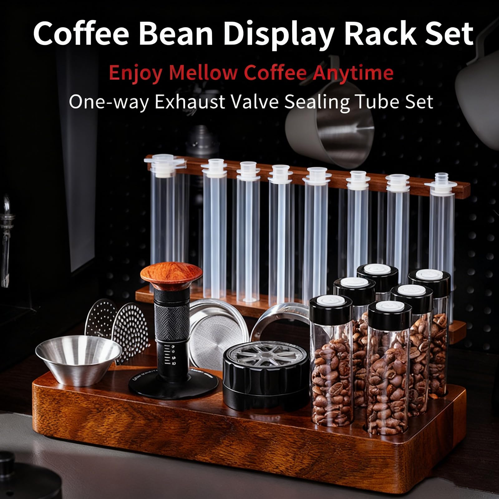 Présentoir À Café en Bois pour Dosettes Individuelles, avec Entonnoir Et Valve Unidirectionnelle, 6 Tubes en Verre, Capacité De 22 À 25 G, Idéal pour La Cuisine