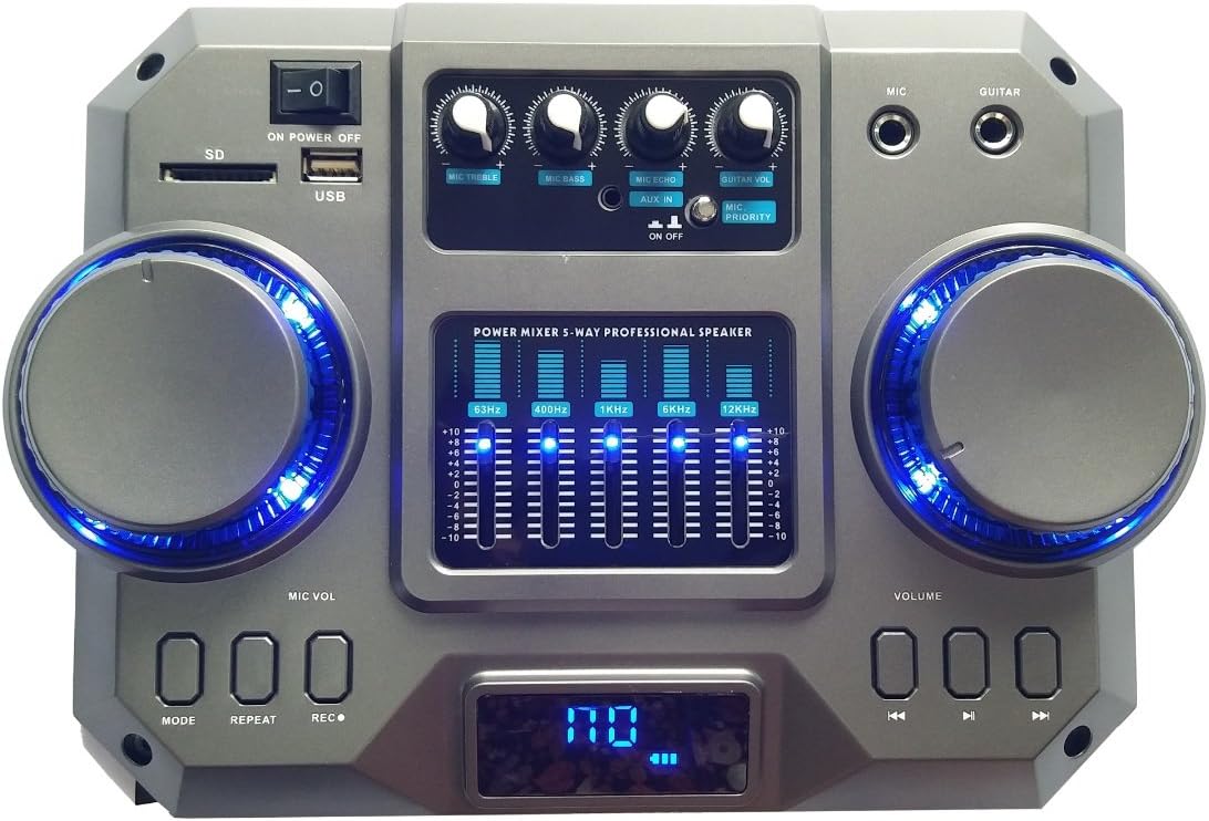 Top control panel of the QFX 15 inch PA Speaker with various knobs, buttons, and a graphic equalizer display.