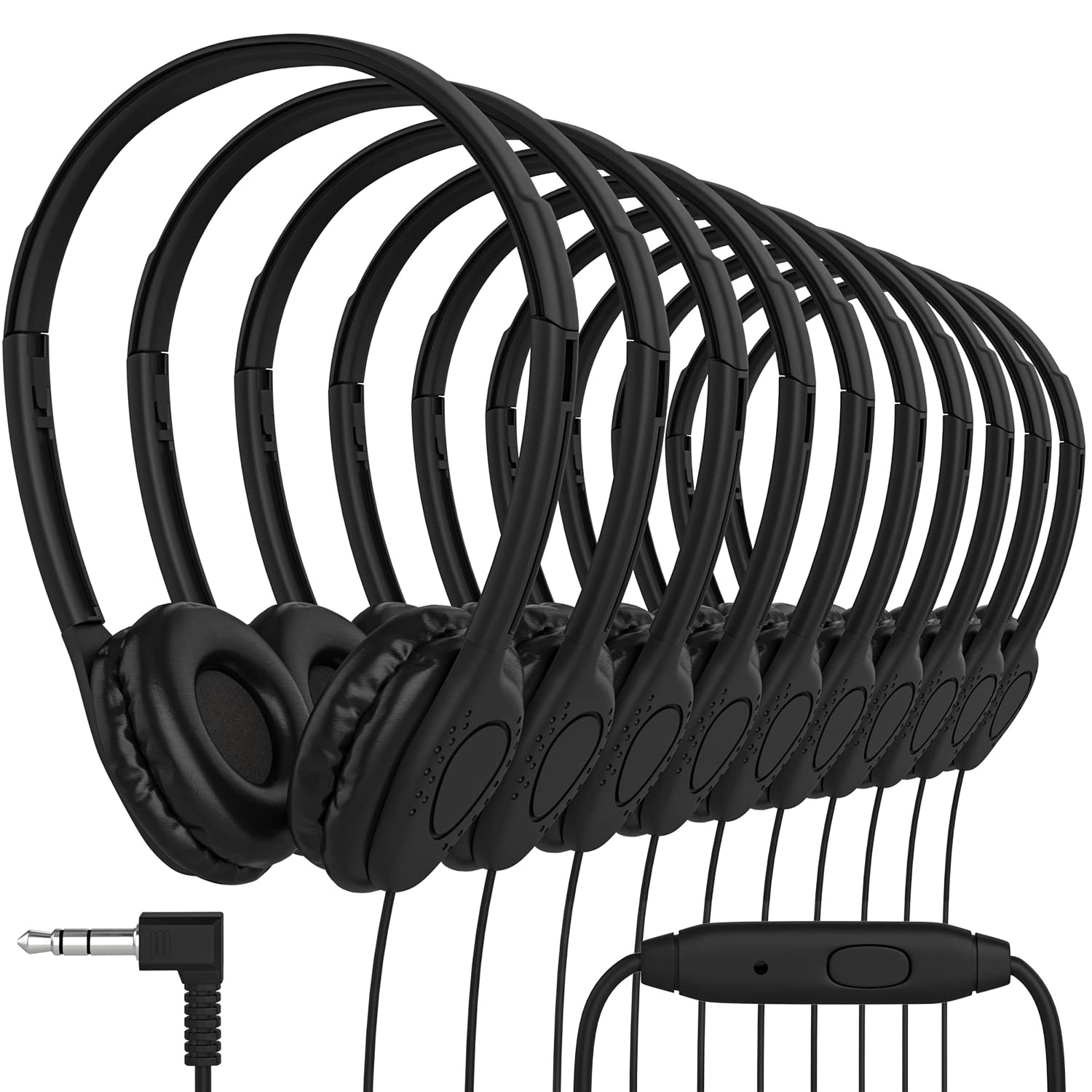 Maeline Bulk Classroom Student Headphones with Microphone, On Ear Stereo Headphones with Mic & Faux Leather Cushions for Kids Online Learning, Library, School, Airplane - 3.5mm Plug - 20 Pack - Black