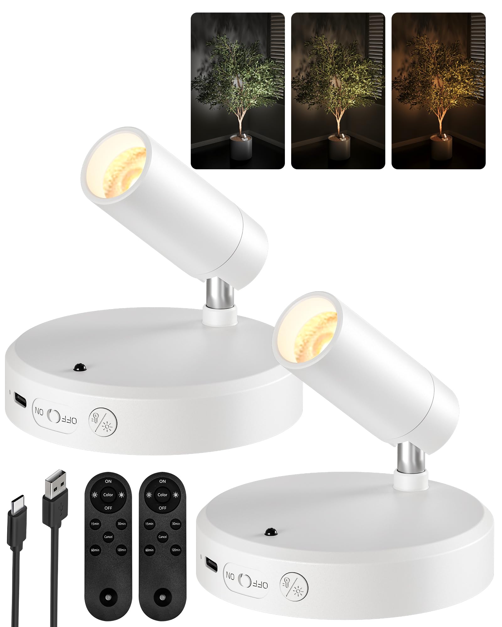EZVALO Kabellose Spotlight 5500mAh, 3 Farben Dimmbar Wandspot mit Fernbedienung & Timer-Funktion, 350° Drehbare Aufladbare Wandlampe für Bilderbeleuchtung, Pflanzenbeleuchtung (Weiß, 2 Stück)