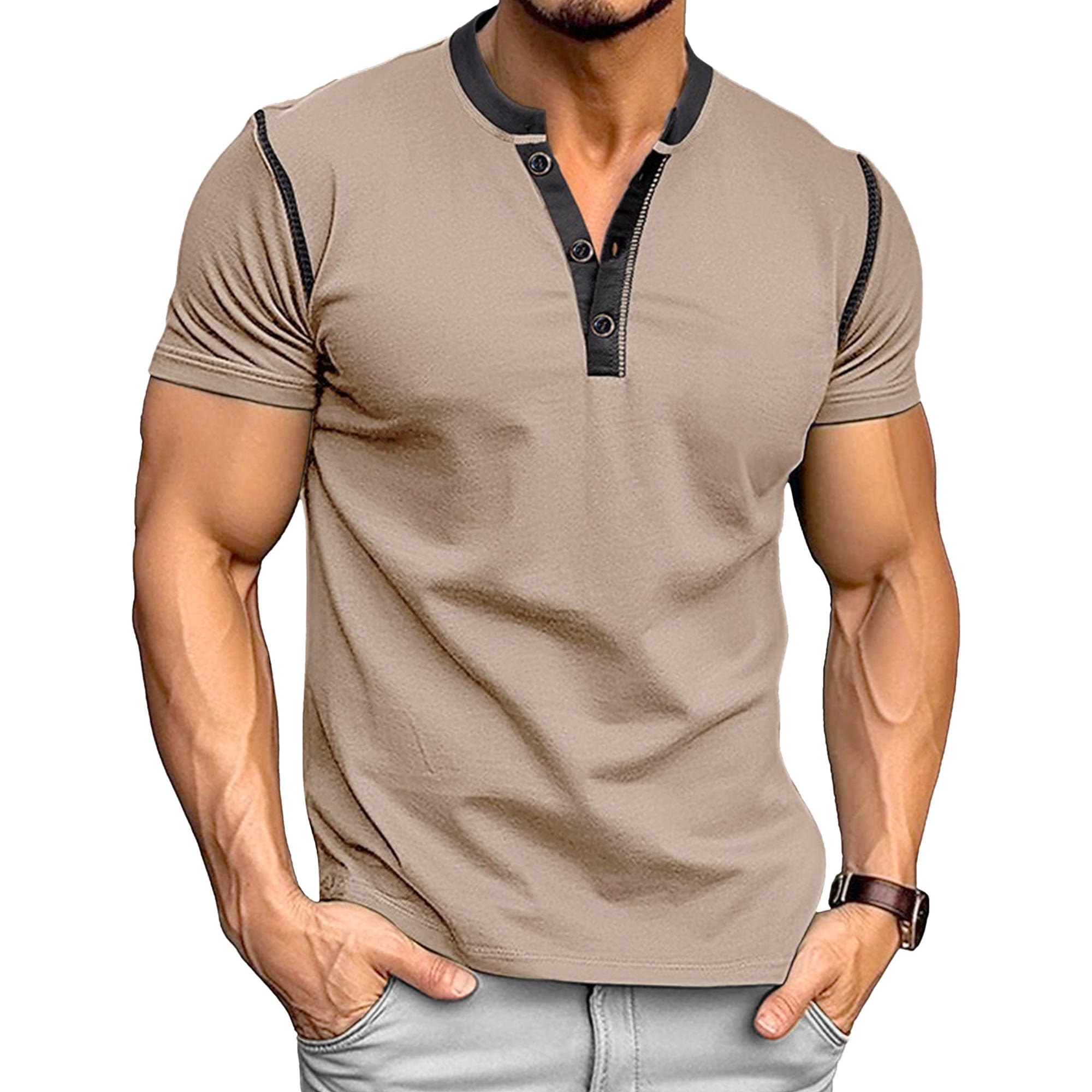 Men Round Neck Short Sleeve Henry Shirt Quarter Button Casual Sport Shirts Summer Exercise Training Pullover Tops (Khaki,X-Large)