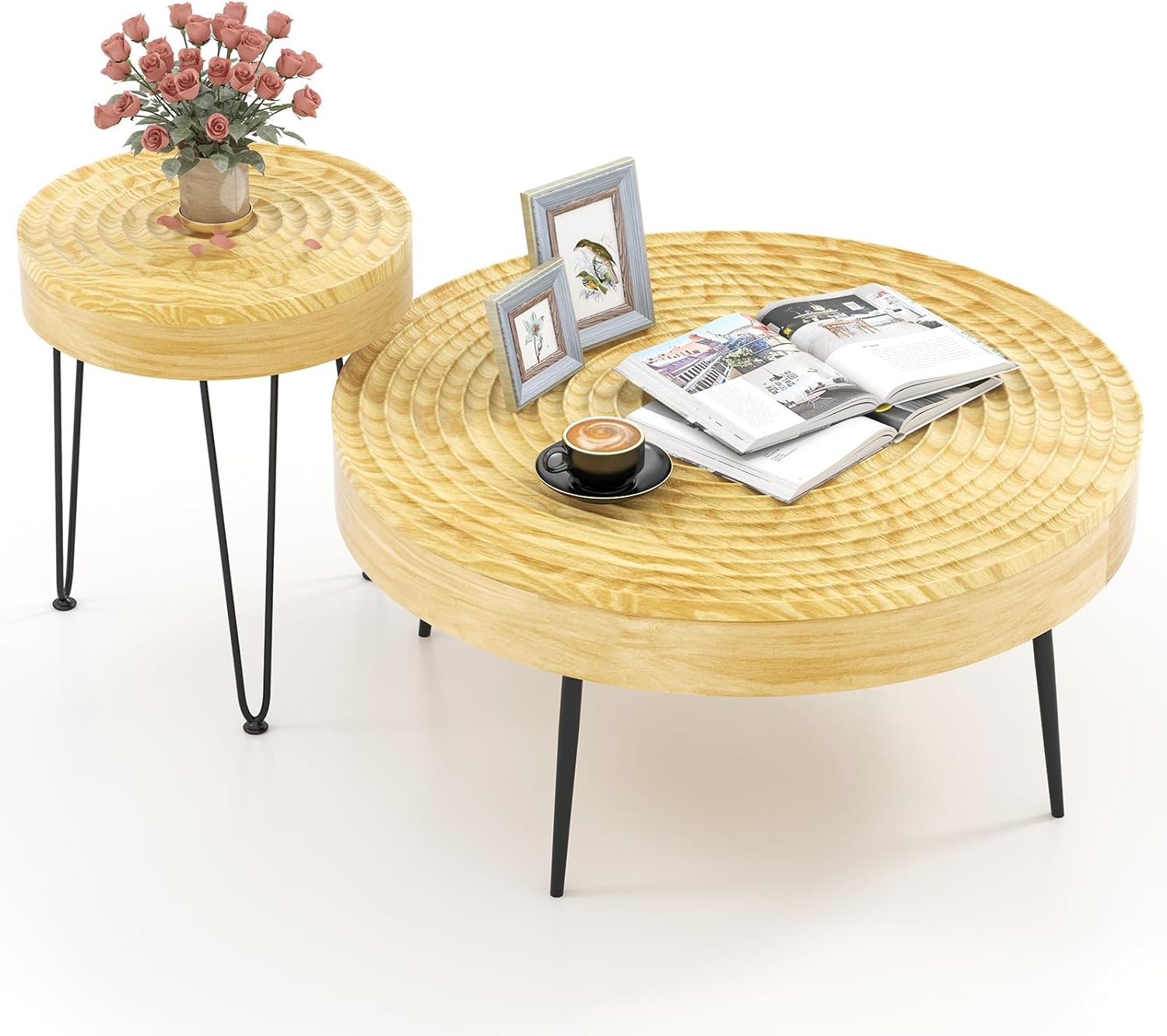 GOFLAME Round Nesting Coffee Tables Set of 2, Boho Nesting Tables with Solid Pine Wood Top & Metal Legs, Circle Coffee Table & End Table, Center Tables for Living Room, Ring Pattern, Natural