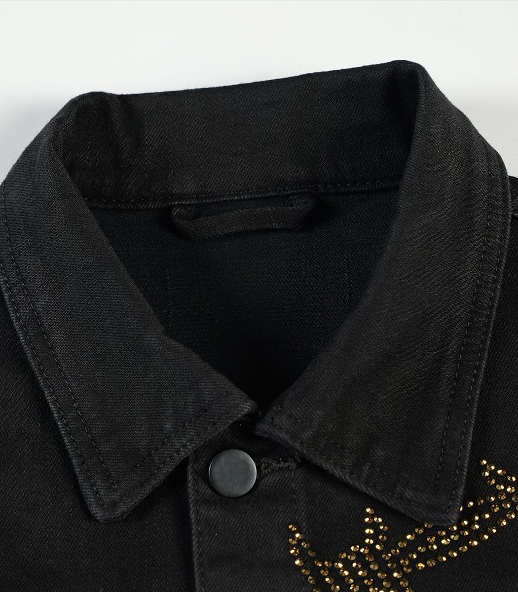 SHION7 Men's Denim Jacket, Slim Fit Streetwear Jean Jackets For Men, Fashionable Embellished Rhinestone Jeans Coat (US, Alpha, Small, Regular, Regular, Black/Gold Wire Stone)