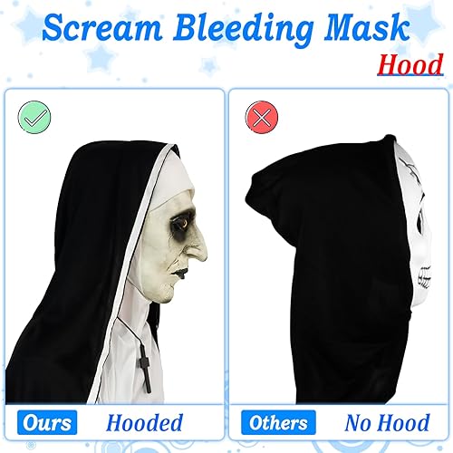 Miniatura 7 de Máscara de terror de monja 2024, máscara de disfraz de cabeza completa con collar de cruz para fiesta de Halloween