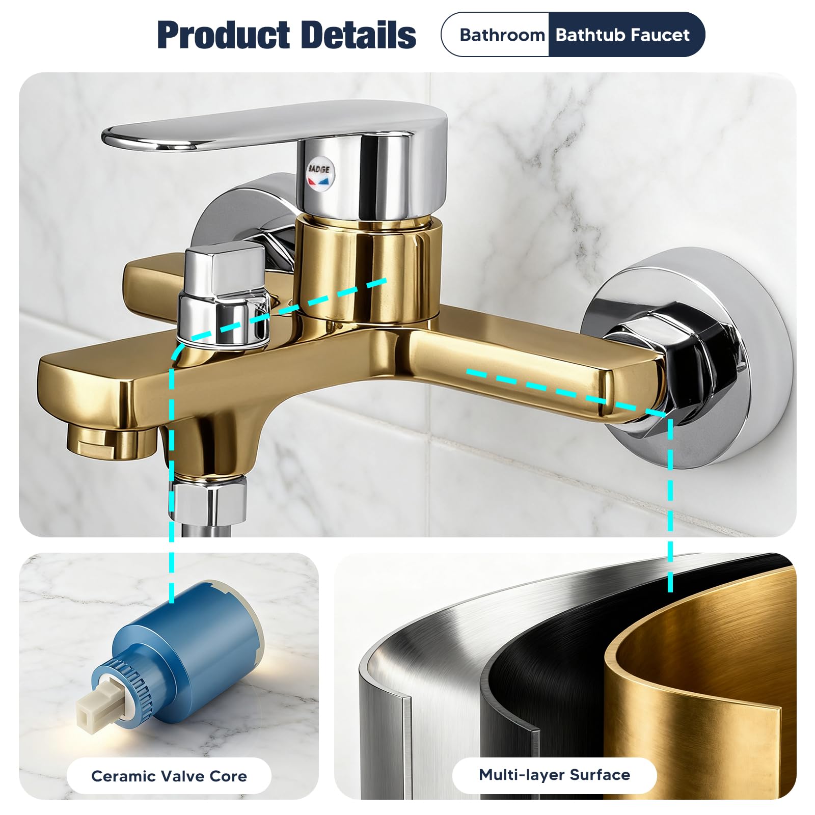 Mitigeur de Baignoire Robinet de Baignoire Laiton Mitigeur Bain avec Bouton Central Rotatif avec Douchette 5 Jets,Robinet de Bain Mitigeur de Bain Robinet de Douche Mural pour Salle de Bain(Chromé-Z)