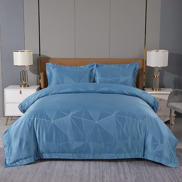 Beyeutao Jacquard Duvet Cover Jacquard Bedding Set Blue Double Duvet Cover Paisley Damask Design Fabric 3 Piece Satin Duvet Cover Set with Pillowcases. (Blue, Double)