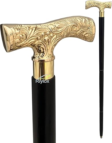 Miniatura 5 de Bastón de latón antiguo, bastón de lujo con mango dorado de latón para hombres y mujeres, regalo