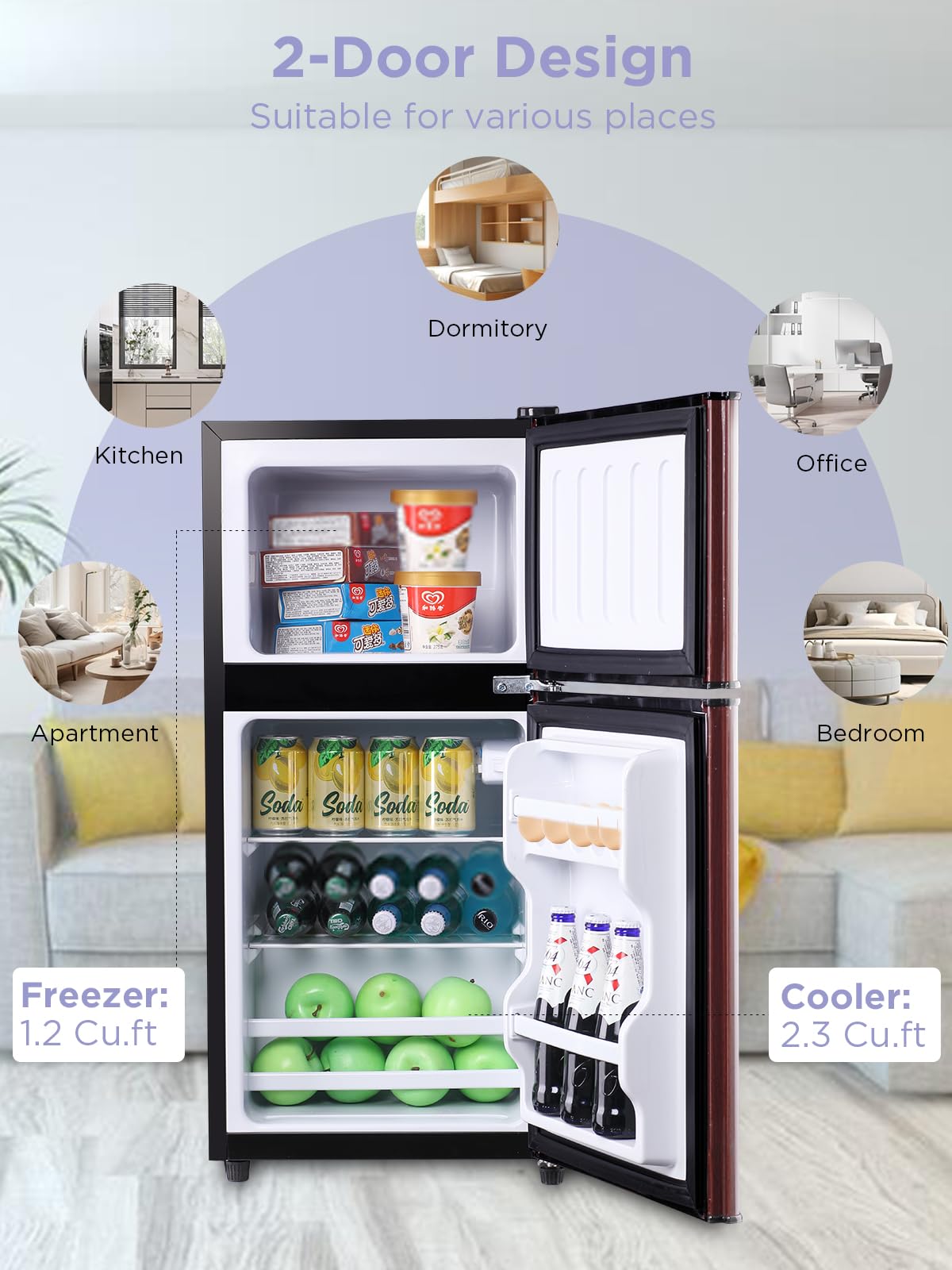 F.W.Woolworths 3.5 Cu.Ft Compact Refrigerator With Freezer, Mini Fridge With 2 Doors, Small Fridge With Adjustable Thermostat For Dorm, Office, Bedroom, RV, Home, Wood on Fridge.com - View 2