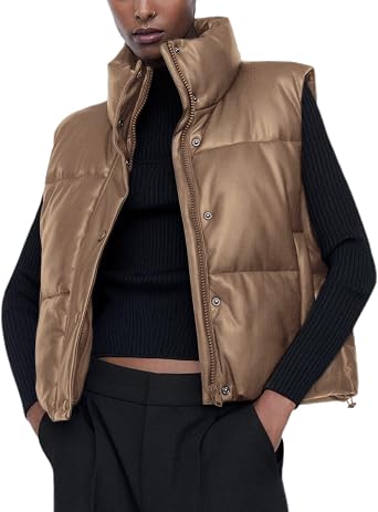 Ailoqing Womens Faux Leather Puffer Vest Zip Up Sleeveless Winter Cropped Jacket