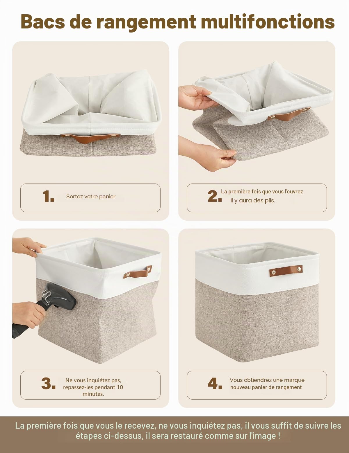 Bagnizer Lot de 4 cubes de rangement pliables en tissu pour étagères et armoire (33 cm) – Paniers organisateurs avec poignées, boîte en toile imperméable pour vêtements Beige & Blanc