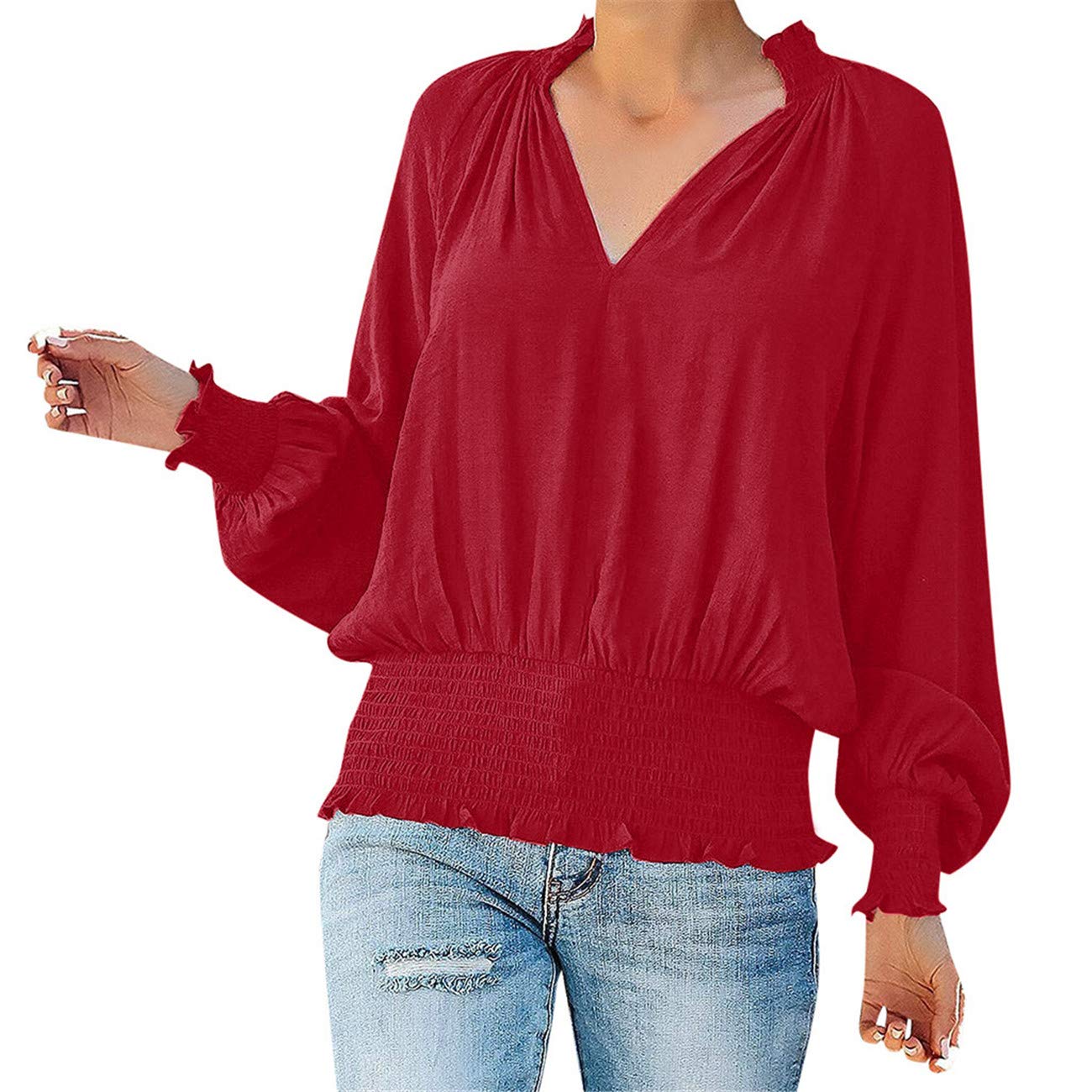Women's Puff Sleeve T-Shirt Blouse V Neck Sexy Long Sleeve Casual Tunic Tops Blouse Tees