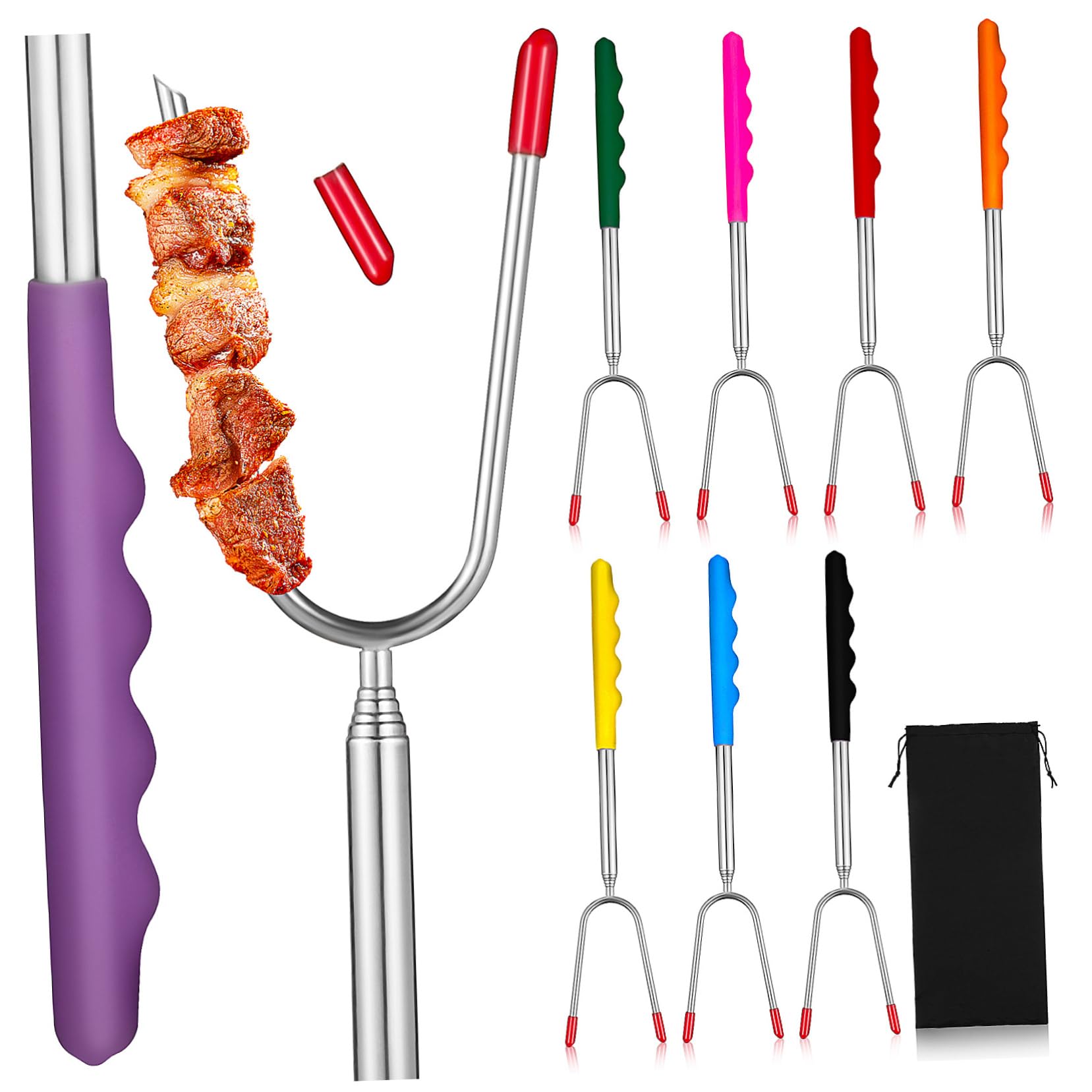 INOOMP 8 pcs Camping Forks Retractable Barbecue Forks with Design Convenient Carrying Bag Durable Meat Serving Utensils for Outdoor Grilling and Picnics