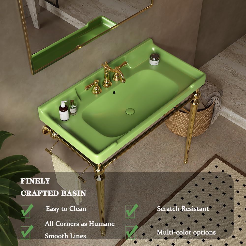 28" Bathroom Console Sink, Wall-Mounted White Ceramic Vanity Basin with 3 Pre-drilled Faucet Holes, Freestanding Gold Stainless Steel Support Legs with Towel Bar, No Faucet - Rome, Green