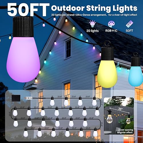 Miniatura 4 de Guirnalda de luces inteligentes para exteriores, 50 pies, RGB+IC y luces blancas cálidas de Navidad para exteriores con 20 bombillas LED regulables,