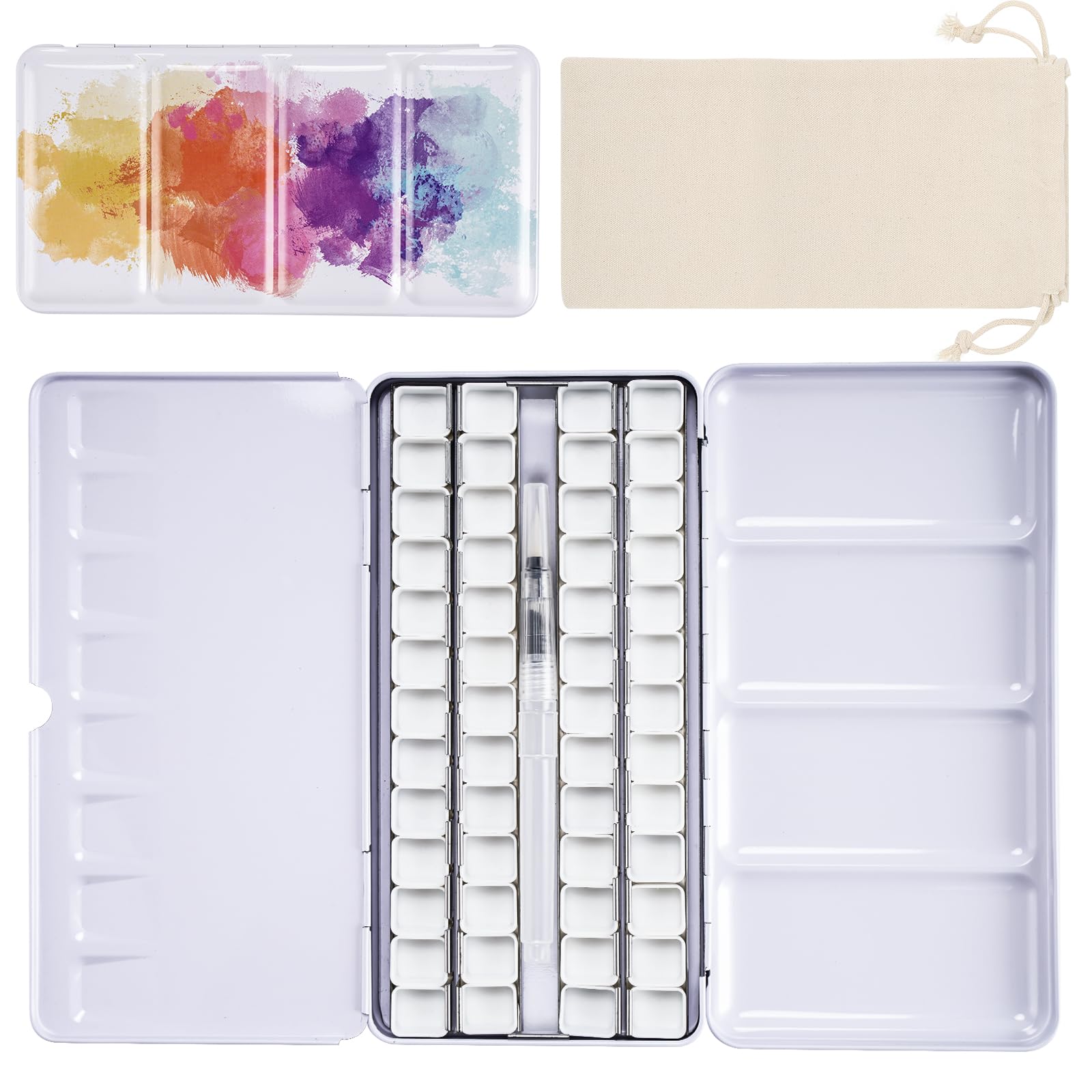 PEVART Juego de 55 piezas: 1 caja de acuarela vacía, caja de metal, caja de pintura vacía, 52 sartenes vacías para acuarelas, 1 pincel para depósito de agua, 1 bolsa de tela