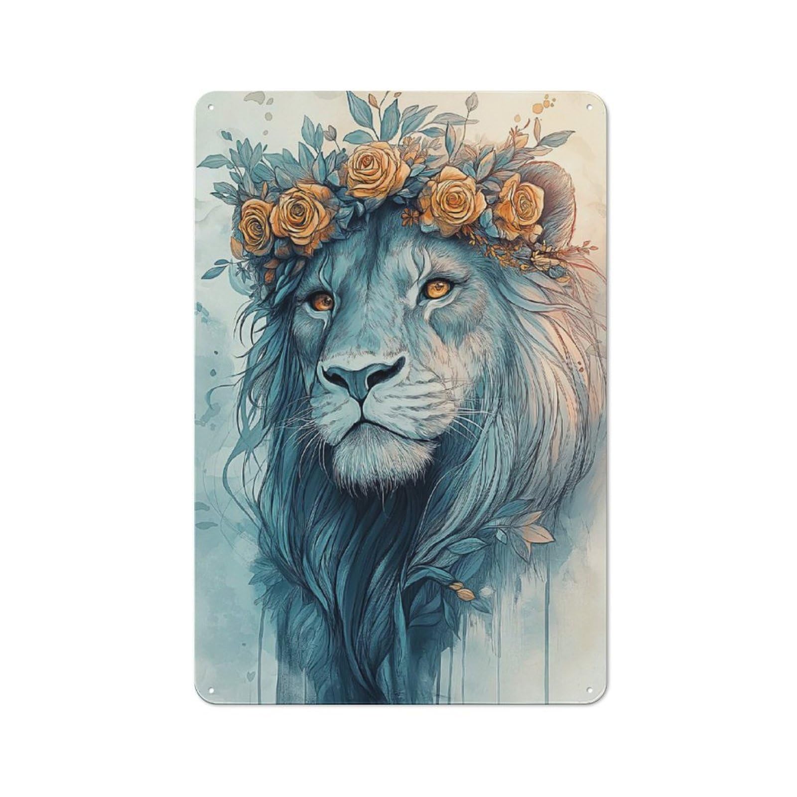Junmoney Style-20 Lion With Floral Crown Metal Wall Plaque 30X20cm, Character Room Wall Plaque For Hallway, Home Bar, Garage Or Study