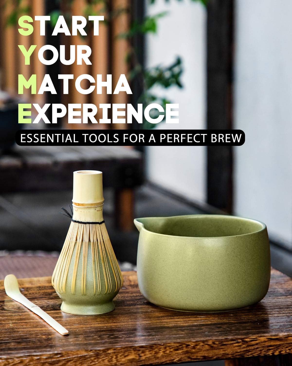 20OZ Matcha Whisk Set - 5PCS Japanese Tea Set Includes Matcha Bowl with Spout, Bamboo Whisk with Ceramic Holder, Bamboo Scoop and Sifter, Matcha Kit for Ceremony, Gift for Matcha Lovers (Matcha Green)