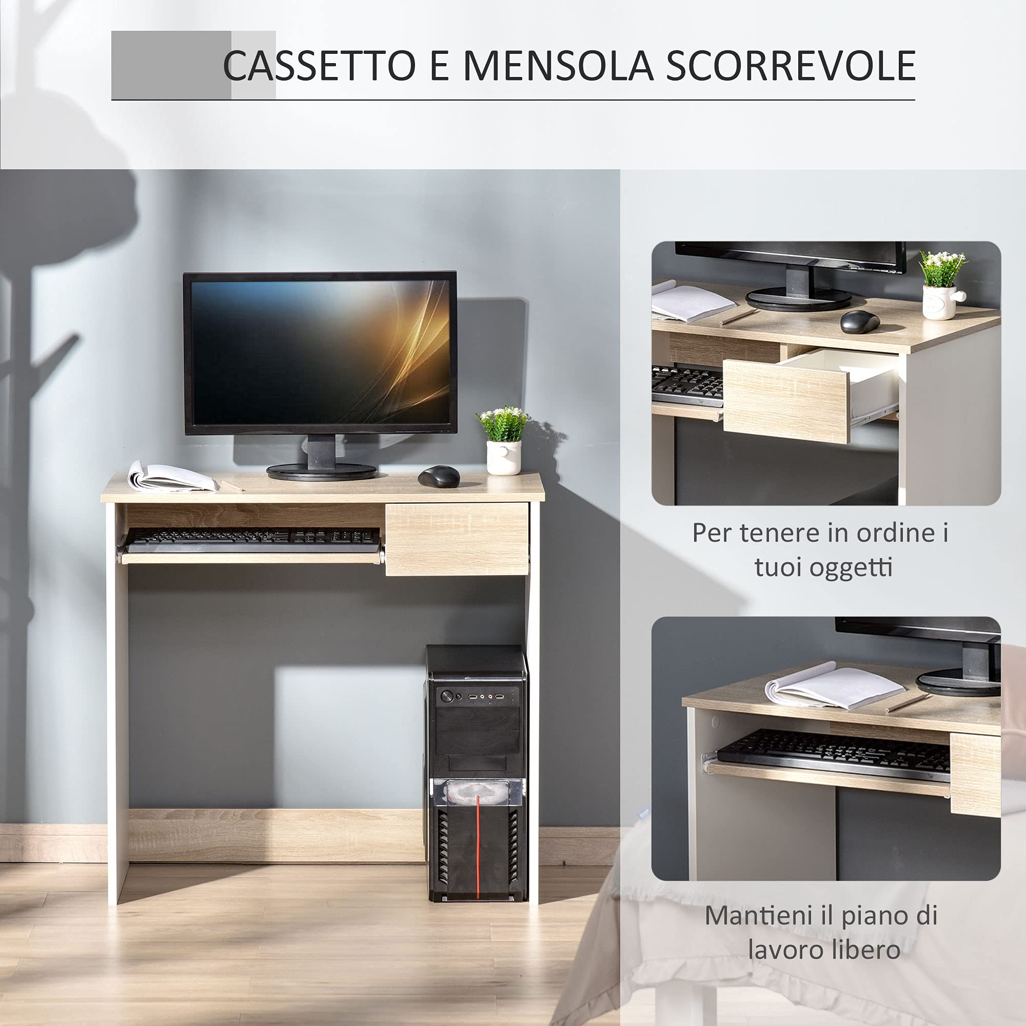 HOMCOM Scrivania Ufficio, 80x45x75 cm Scrivania Salvaspazio con Vassoio Tastiera, Cassetto per Documenti, Tavolo Computer per Casa Studio Ufficio, Rovere e Bianco