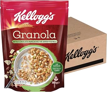 KELLOGG'S Granola Beyaz Çikolatali & Antep Fıstıklı 300 gr x 12 Adet,%46 Yulaf, Lif Kaynağı, Antioksidan İçerir, Kahvaltılık Gevrek, Müsli
