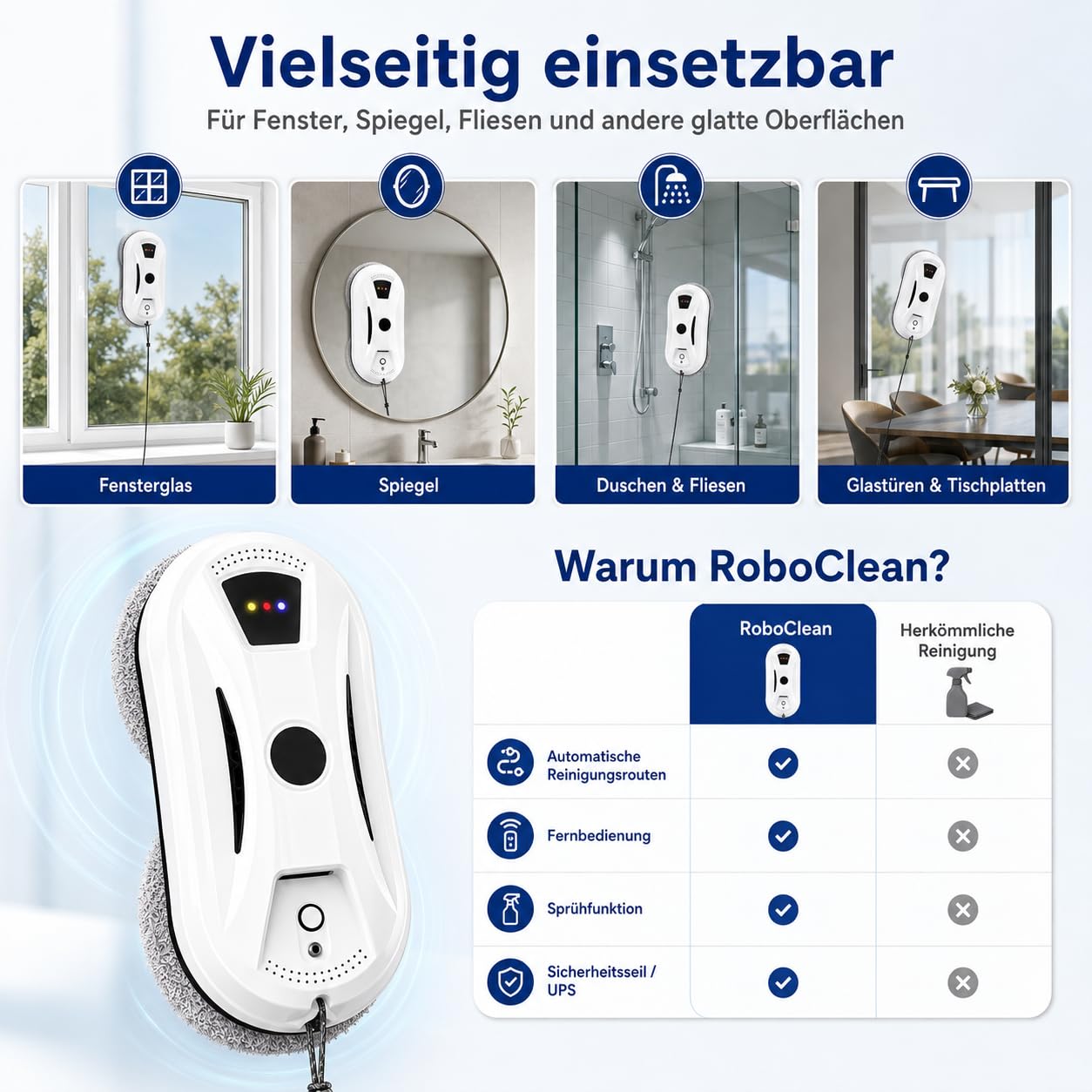 Osmo RoboClean Fensterputzroboter - 2027 Robo Clean Fensterreinigungsroboter mit Fernbedienung, 3Automatische Reinigungsmodi, Intelligente Navigation&Kantenerkennung, Sicherungsseil,für Fenster (A)