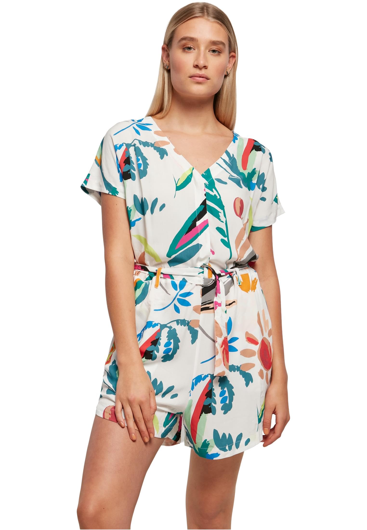 Urban Classics Women's Ladies Short Viscose Belt Jumpsuit T-Shirt, whitesandfruity, XS