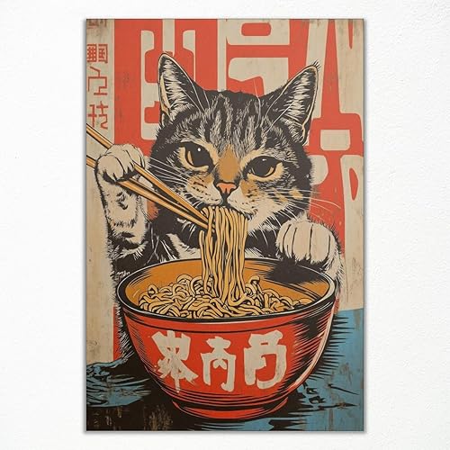 Nanxiwofee Lienzo decorativo vintage de gato japonés, póster peculiar de gato negro comiendo ramen, impresión de arte retro divertida de alimentos