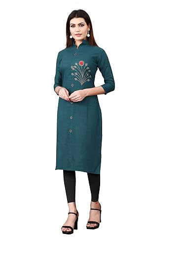 DHRUVI TRENDZ Women's Rayon Solid Patch Work with Stone Kurti Stitched Half Sleeves for Office Wear, Casual Wear, Under 399 Kurti/Kurta for Women & Girls (Teal Green)