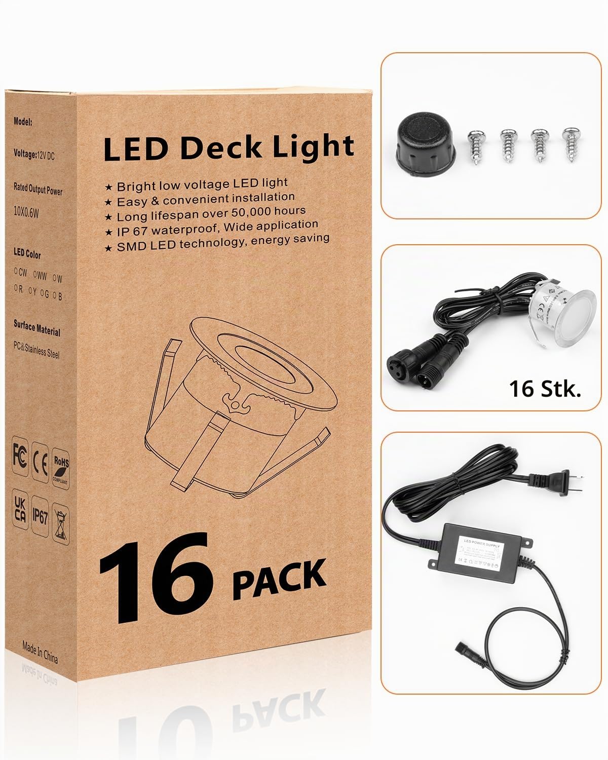 HIBOITEC 16er Set Terrassen Einbaustrahler LED Aussen, LED Einbaustrahler IP67 wasserdicht, 0.6W LEDs Bodeneinbauleuchten für Küche Garten Gehweg Holzbrücke kaltweiß
