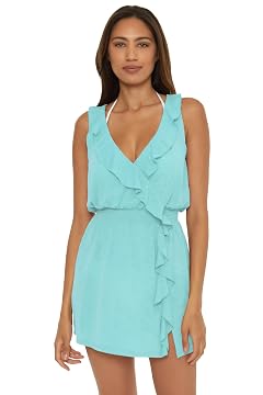 Becca by Rebecca Virtue Womens Standard Breezy Basics Dress Ruffle Neck Beach Cover Ups