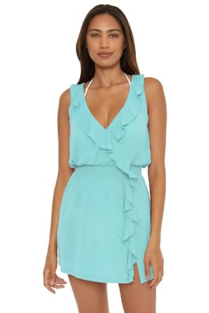 Becca by Rebecca Virtue Womens Standard Breezy Basics Dress Ruffle Neck Beach Cover Ups