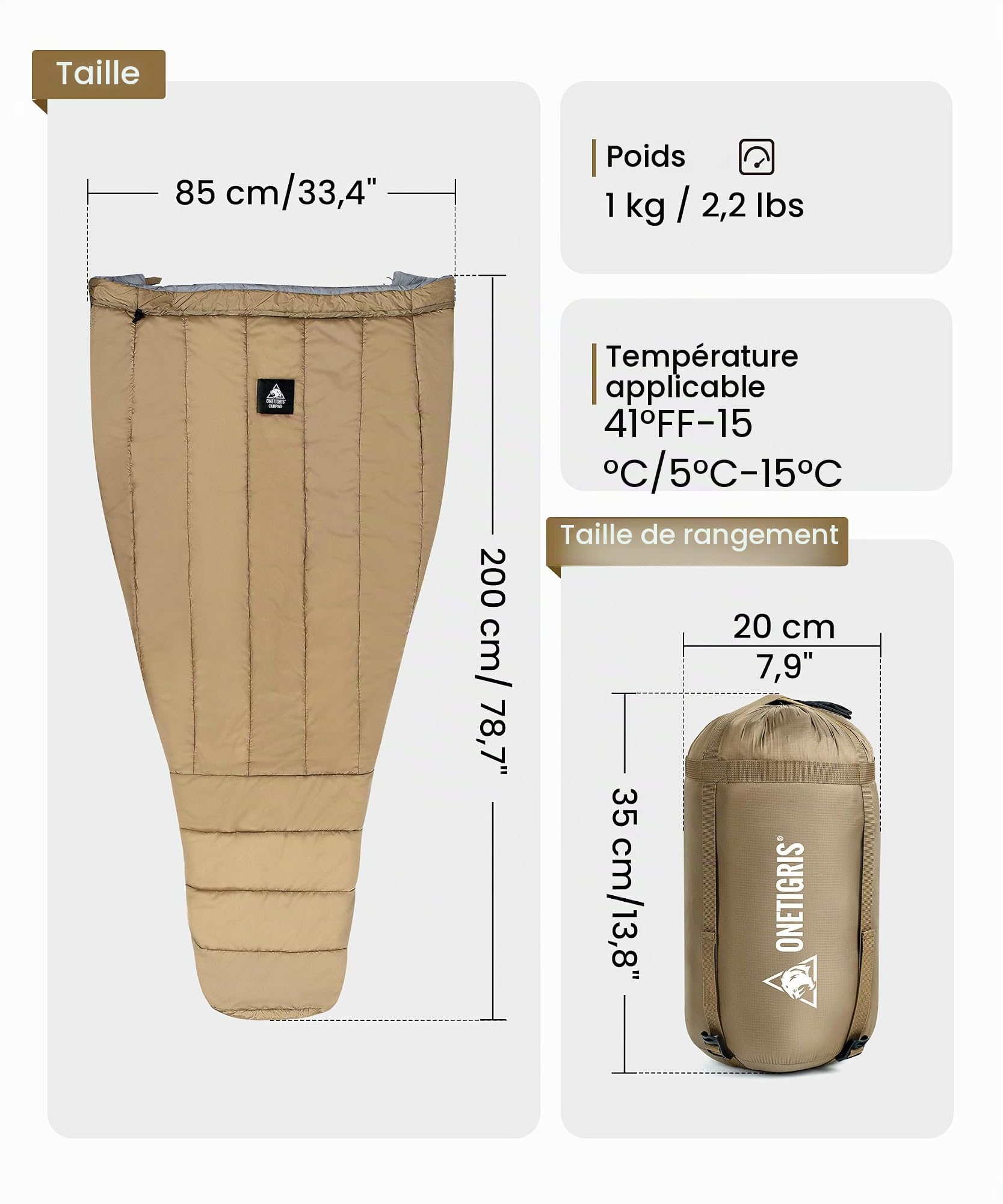 OneTigris Sac de Couchage Featherlite UL 3 Saisons Sac de Couchage Couverture 1.0 kg, 200cm x 85cm pour Le Camping, la randonnée, Autres activités de Plein air |Emballage Multi-usages