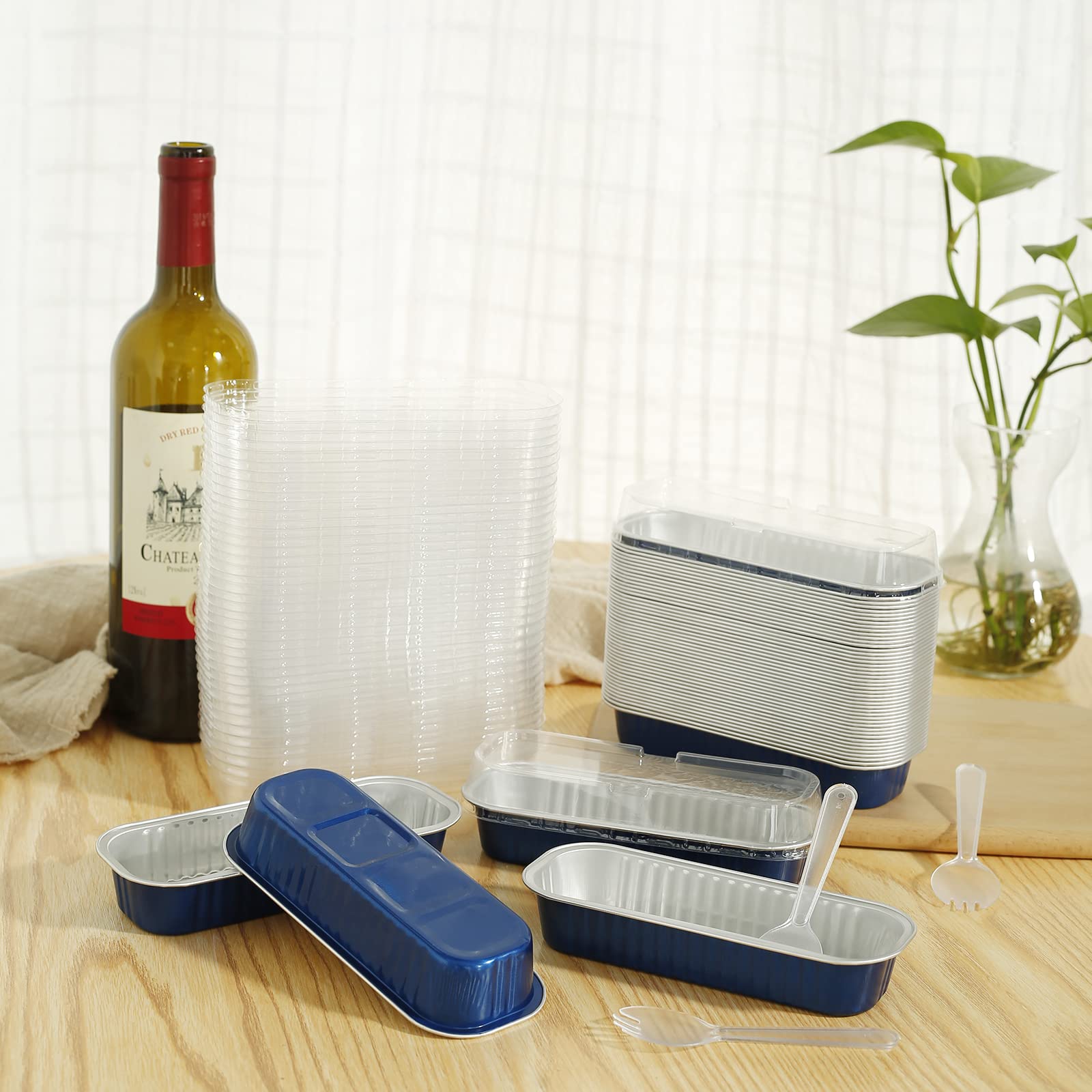 50Pcs Mini Cake Pans with Lids and Spoons 200ml Non-Stick Foil Baking Pans Tins Reusable Aluminum Foil Loaf Pans Rectangular Foil Bread Container Portable Baking Cupcake Liners for Home Kitchen