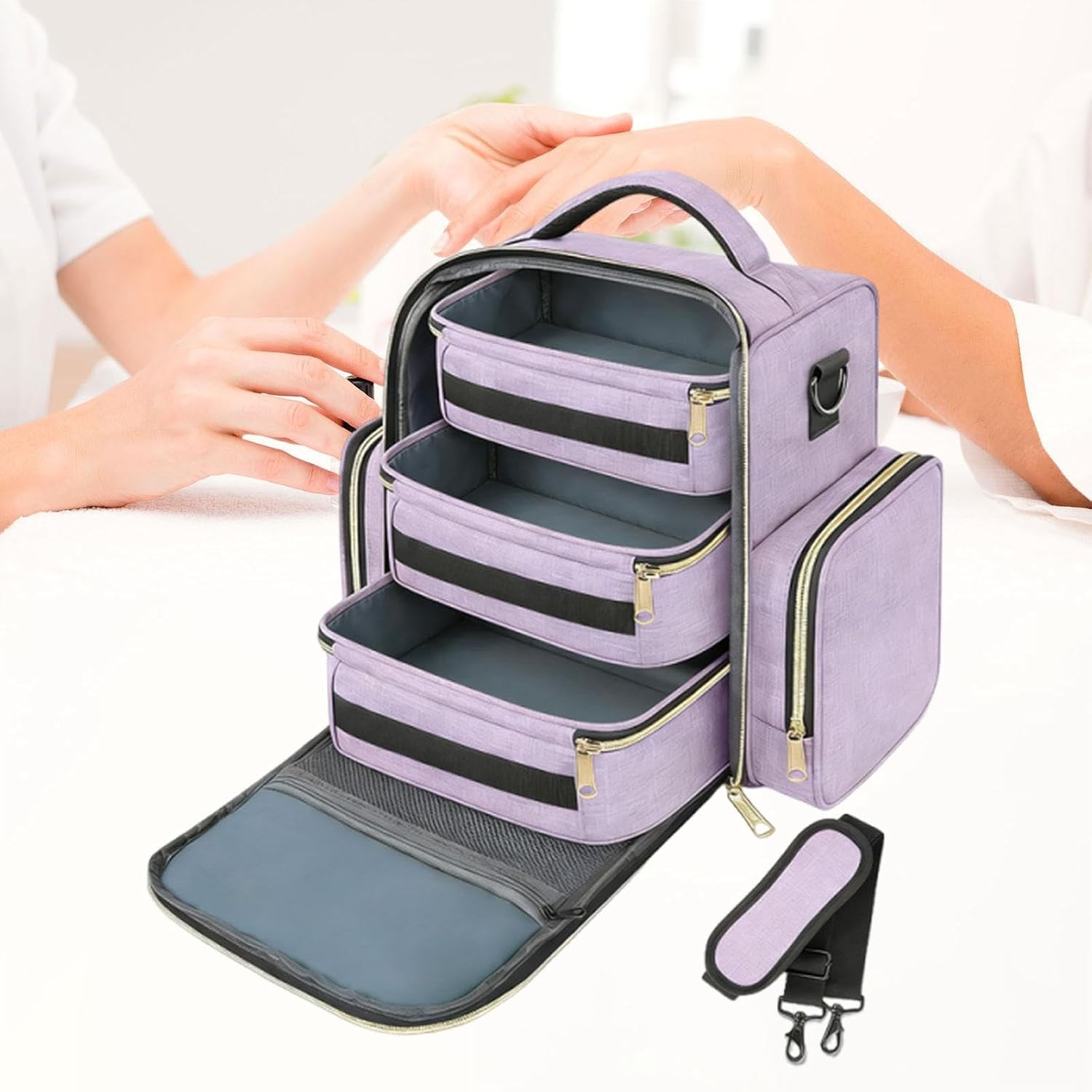 Nail Polish Organizer Case Carrying Case Manicurist Gift Salon Home Use with 3 Removable Large Portable Storage Box, Purple