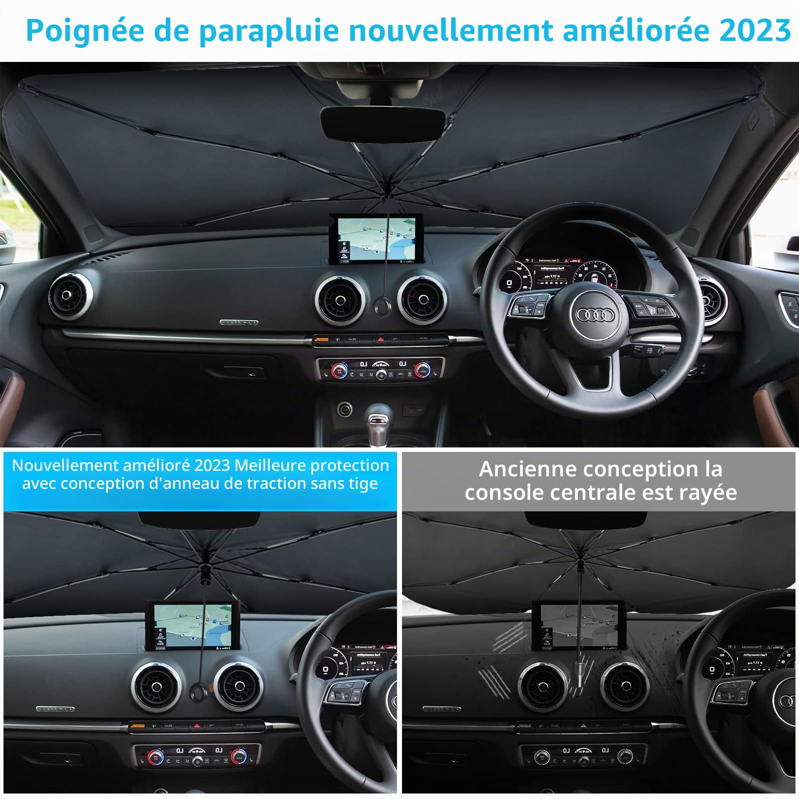 Pare-Soleil Voiture Pare-Brise Avant, 140x80 cm Grande Taille,Protection UV & Anti-Chaleur Pliable Anneau de Traction à Corde noireavec Découpe pour Rétroviseur– Idéal pour SUV et pour Voiture