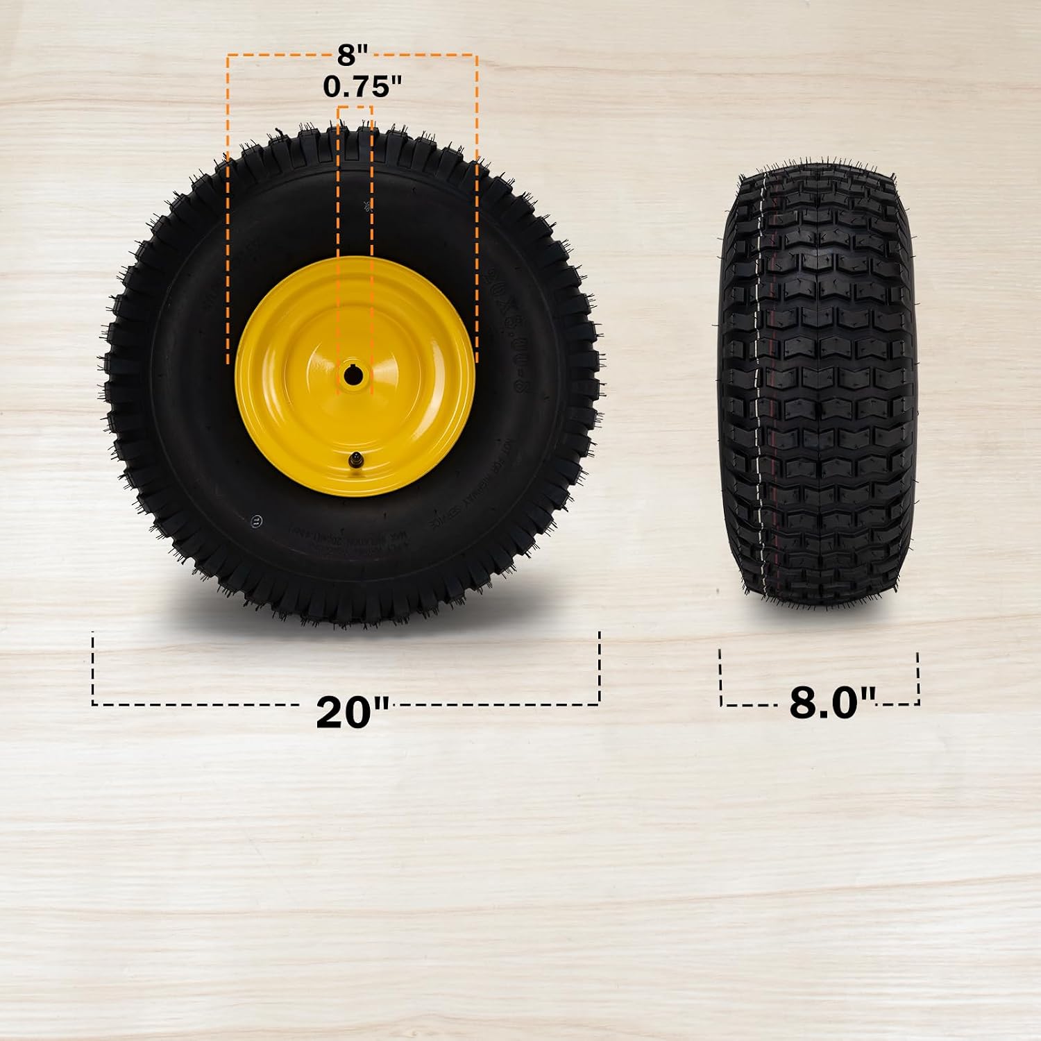 20x8.00-8 Lawn Mower Tire and Wheel (2 Pack), 4 Ply Tubeless Riding Mower Tires with Rim, 3/4" Bore, 3.5" Offset Hub, 3/16" Keyway, Rear Wheel Replacement for Lawn Tractor