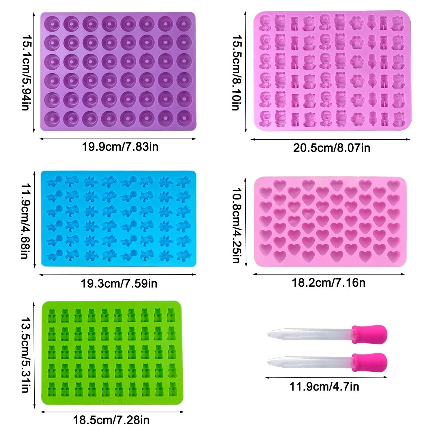 behone Lot de 3 moules en silicone avec 3 pipettes - Moule à bonbons en silicone pour bonbons, gelée, chocolat