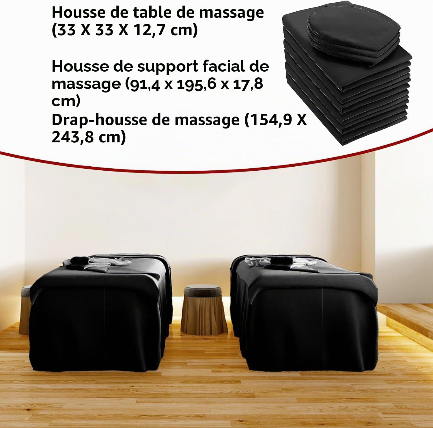 Parure de lit 6 pièces en microfibre de qualité supérieure pour tables de massage, avec drap, drap-housse et drap-housse pour table de massage, pour salon de beauté, spa (noir)