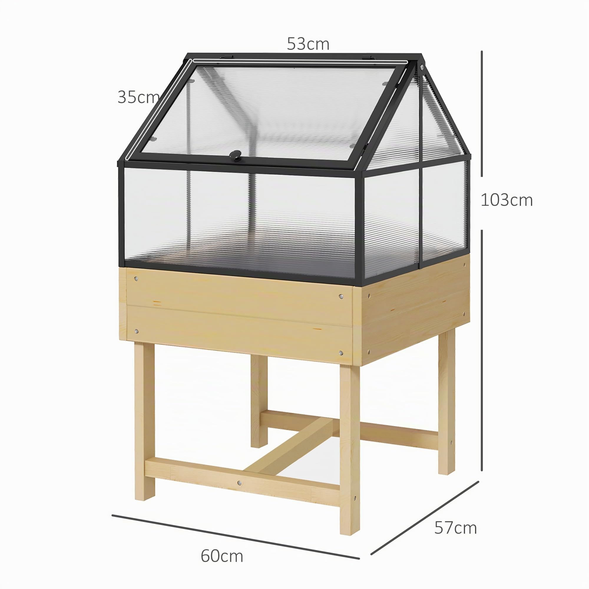 Outsunny Mini-Gewächshaus auf Füßen mit doppeltem, zu öffnendem Dach, erhöhtem Pflanzkasten, Polycarbonat-Paneelen und Gestell aus Stahl und behandeltem Tannenholz, 60 L x 57 B x 103 H cm