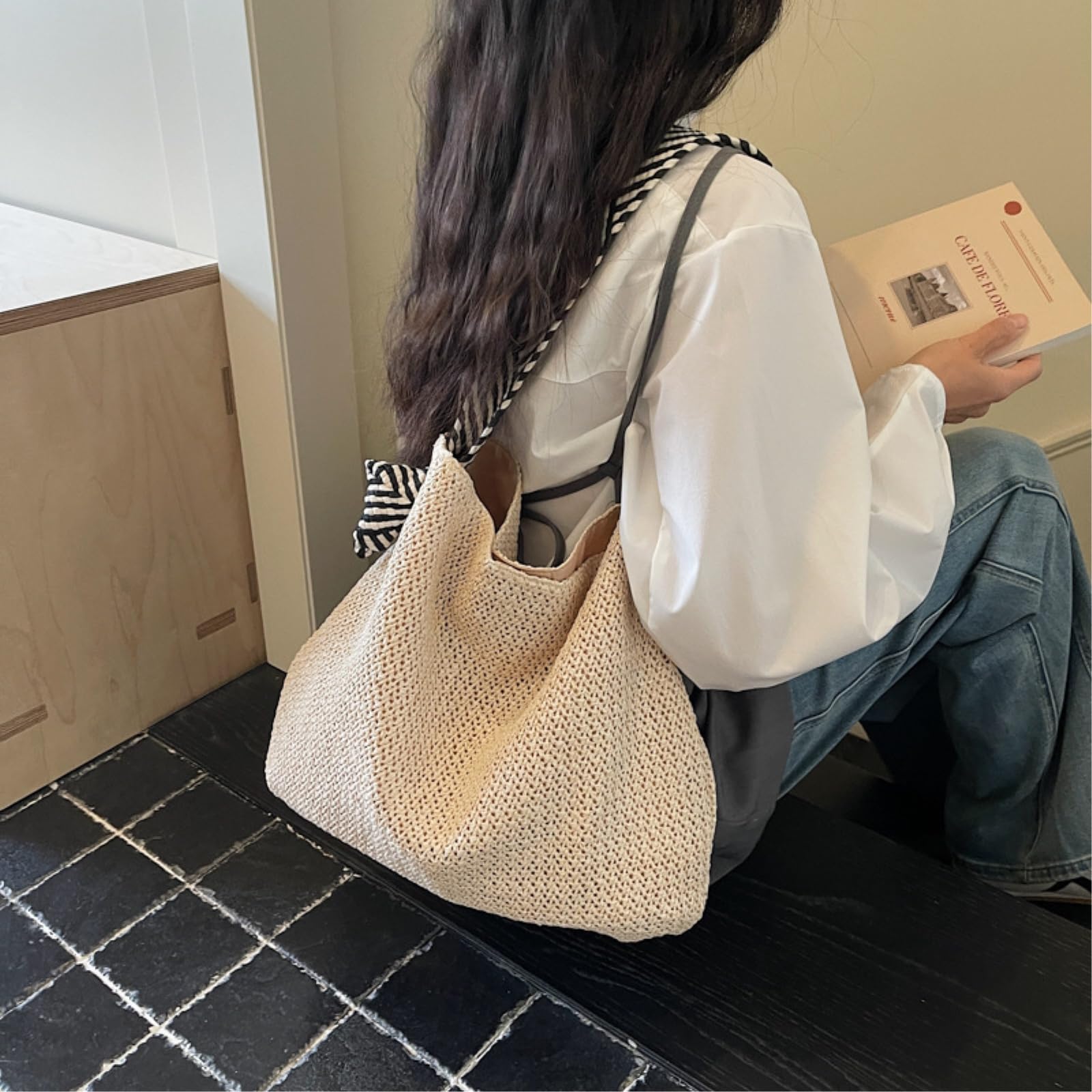 Borsa di Paglia Donna A Traccia Spiaggia Estiva, Tessuta Colorata, Grande capacità per Le Donne -Green