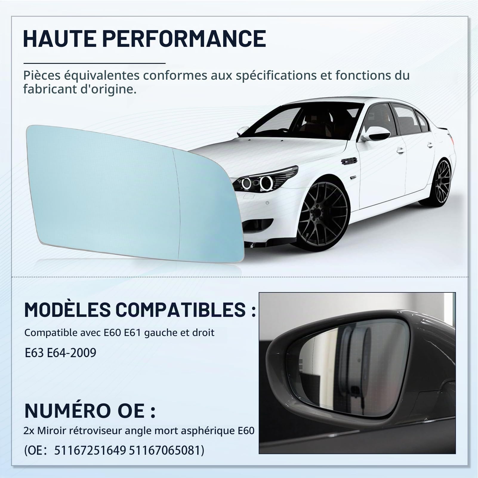 2 x Rétroviseurs Latéral Chauffants (Gauche+Droite) pour E60 E61 E63 E64 Rétroviseur Extérieur 51167251649 Avec Support de Fixation et Câble de Connexion Plug & Play Rétroviseur Asphérique